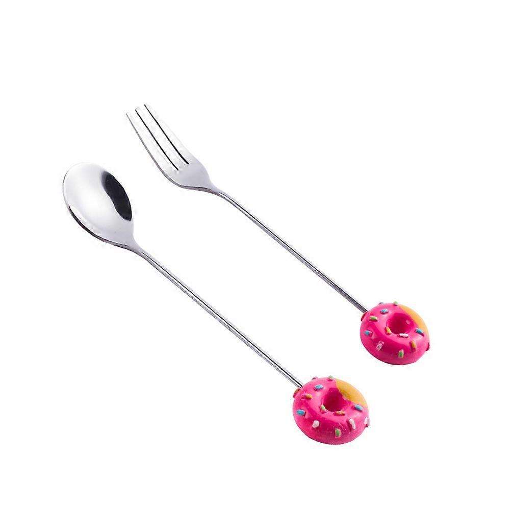 Metal Toddler Cutlery Cartoon Cutlery Donut Shaped Handle Spoon Long Handle Forks for Meal Time Red 2Pcs