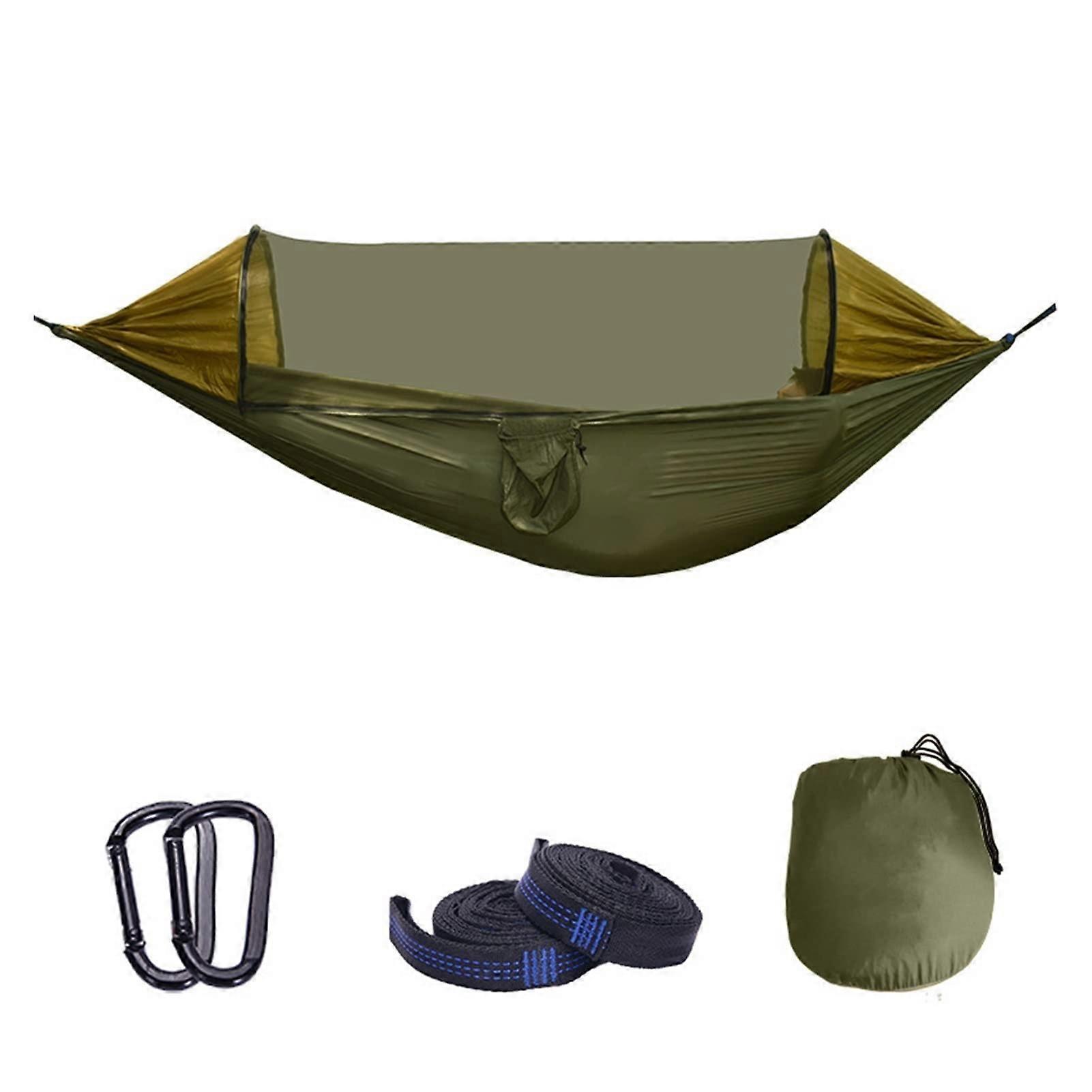 Large camping hammock for 2 with mosquito net, lightweight parachute material, easy popup, durable.