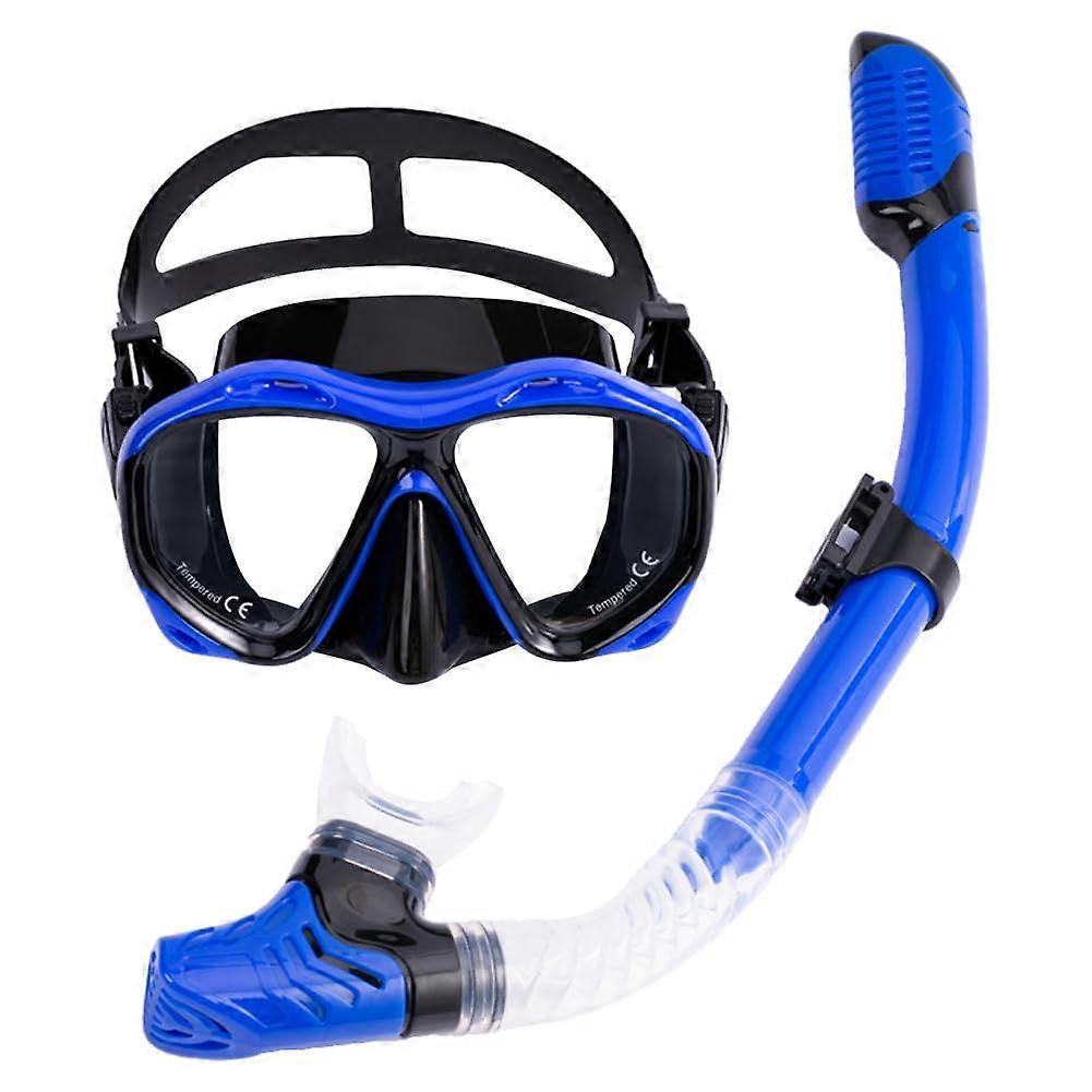 Dry Snorkel Set Wide View AntiFog Diving Mask Snorkel Mask Set Swimming Diving Mask for Snorkeling Diving Swimming blue