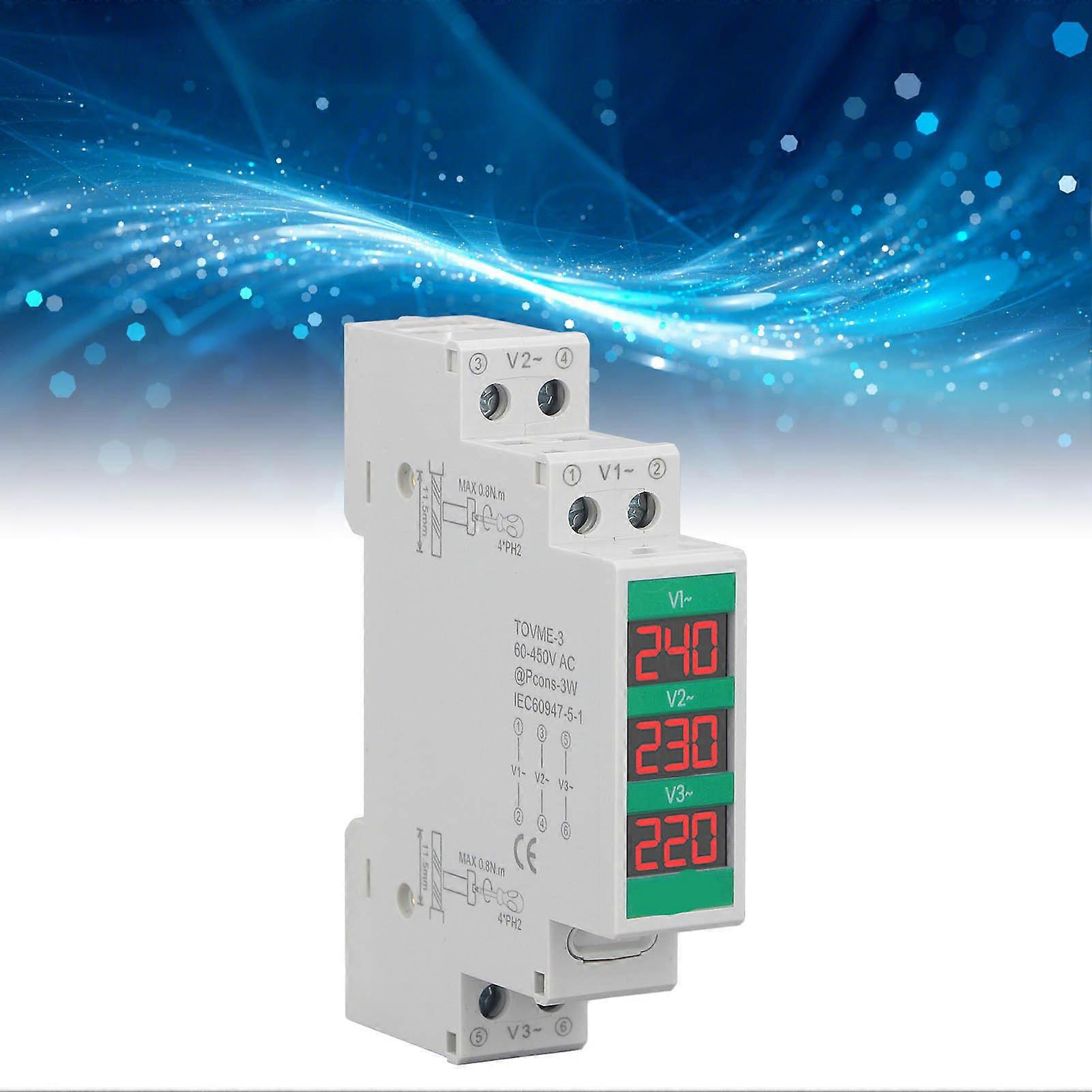 3 Phase AC Voltmeter Din Rail Mount LCD Digital Display Voltage Meter Electric Power Meter 60‑450V 