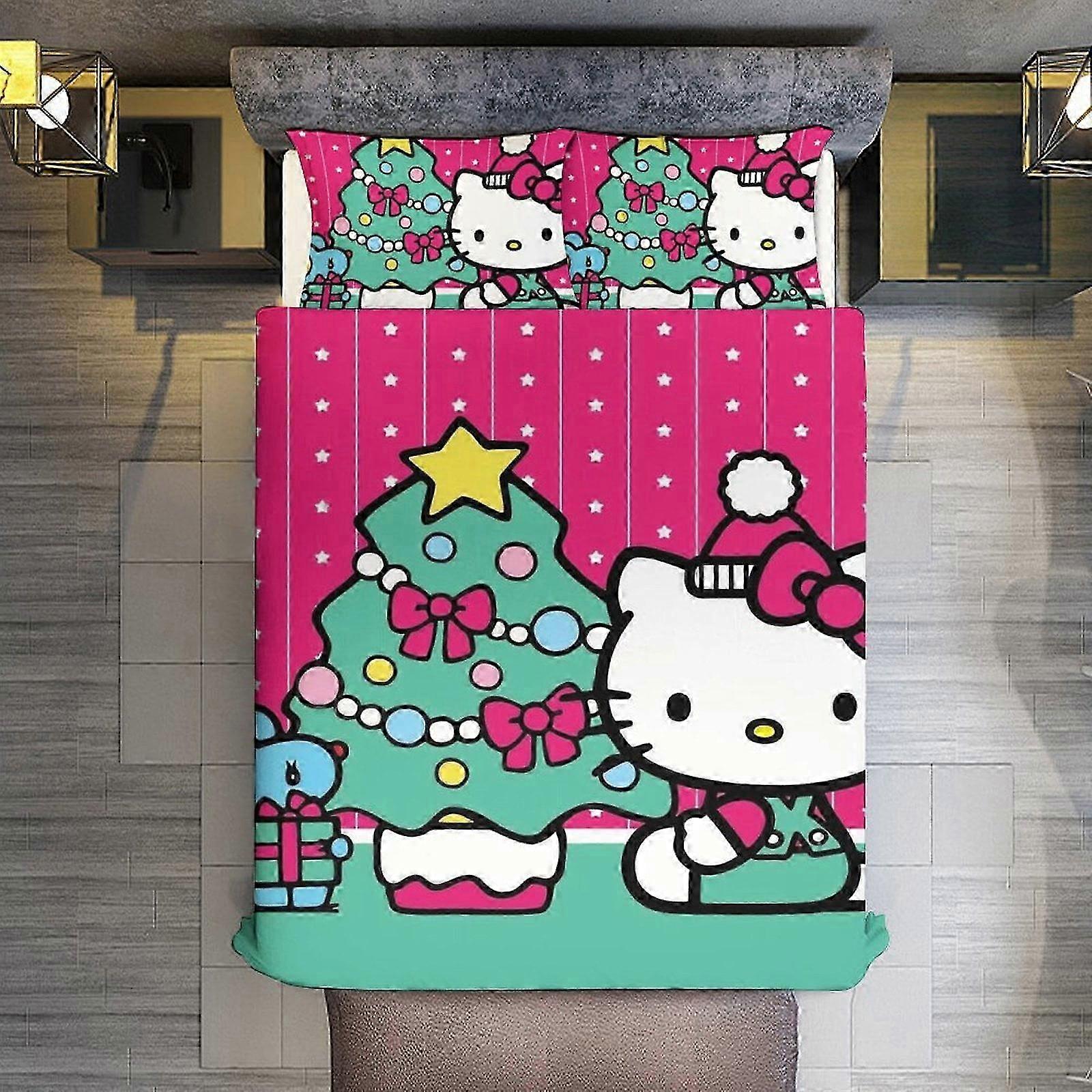 Bedding Set Suitable for Hello Kitty 3 Pieces Duvet Cover Set Full Size Super Soft Fade Resistant Microfiber 1 Cover with Zipper and 2 Pillo
