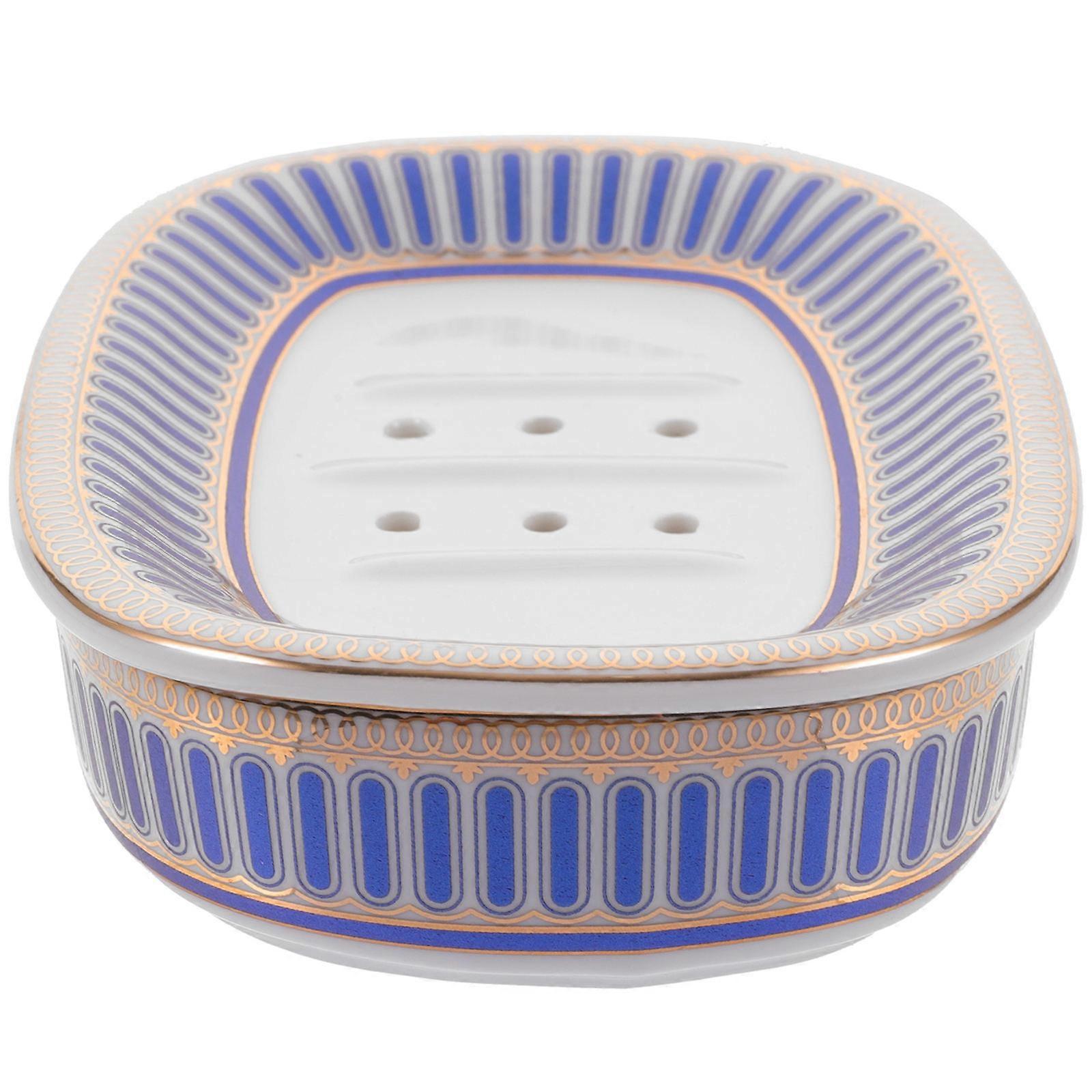 Ceramic Soap Dish with Self Draining Design, Stylish Soap Tray for Bathroom & Kitchen, Easy to Clean Holder Reduces Waste, Blue Striped Pattern