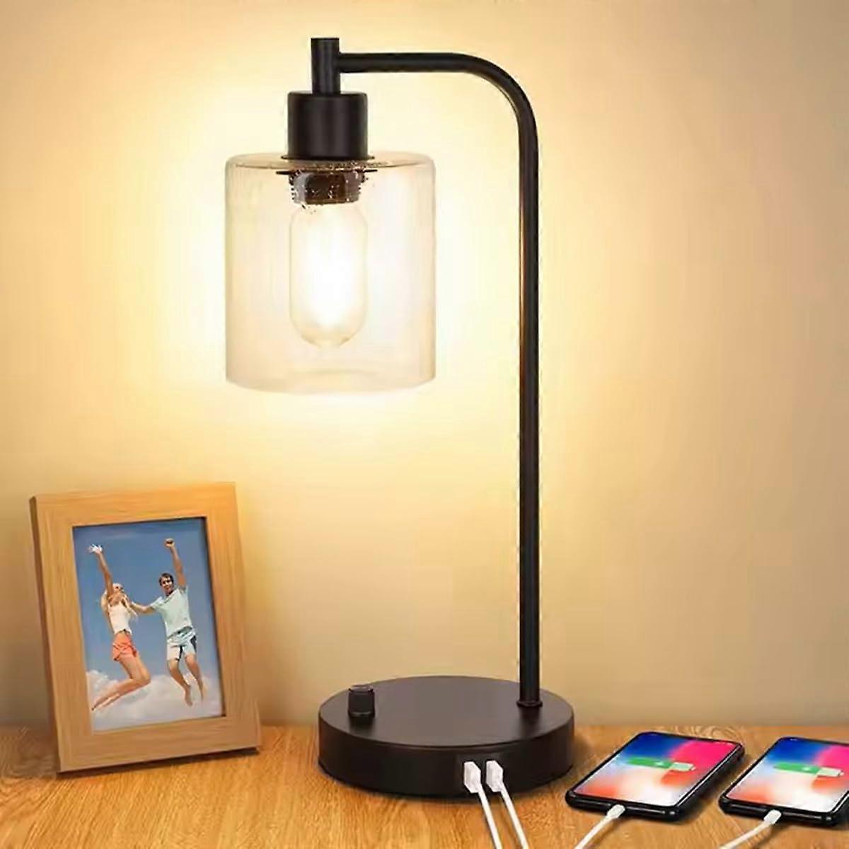 Modern LED Desk Lamp, Dimmable Night Light with Glass Shade, USB/Type-C Charging, E26/E27 Base, 3 Light Modes for Bedroom Nightstand