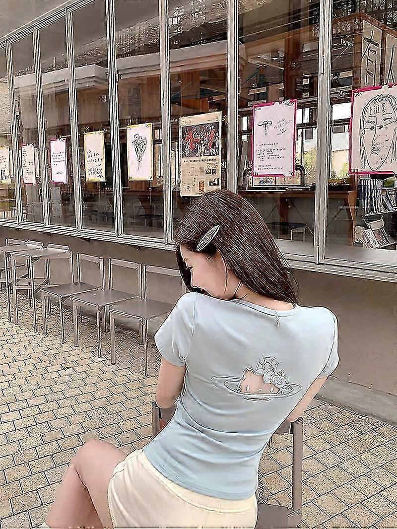 Design Hollow-Out Embroidered Hello Kitty Waist-Tight Shoulder Summ...