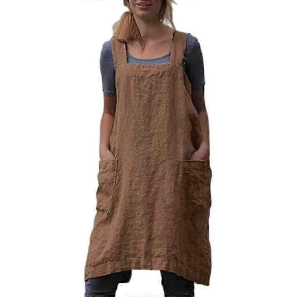 Cotton Linen Apron Cross Back Apron For Women With Pockets Pinafore Dress For Baking Cooking