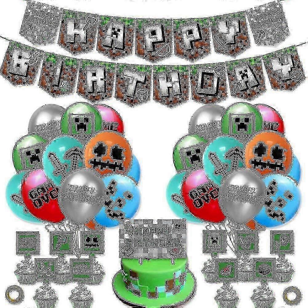 2024 New Minecraft Game Theme Balloons Banner Cake Topper Ribbon Set Birthday Party Decor -WH 2025
