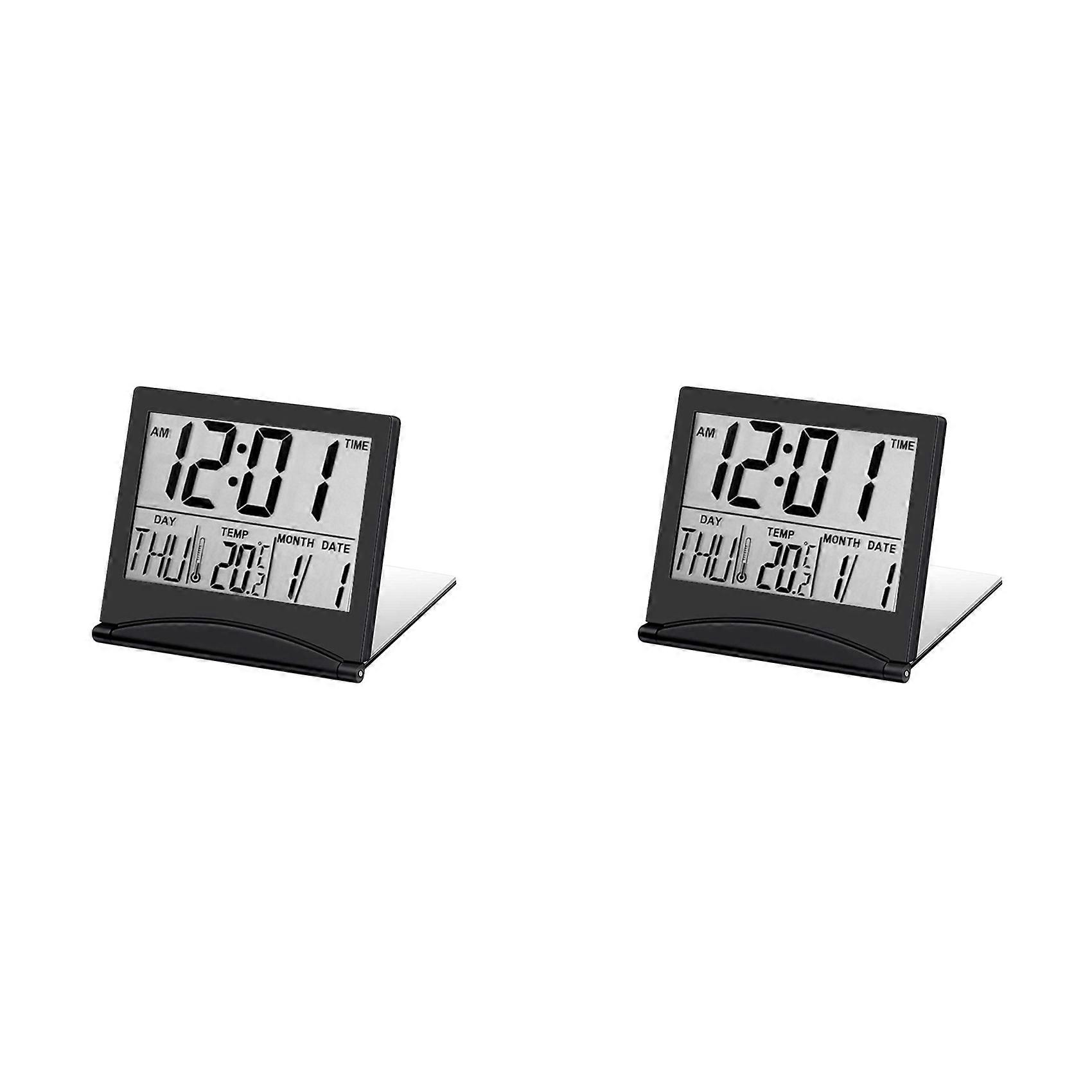 2X Electronic Folding LCD Digital Alarm Clock Desktop Temperature Hygrometer Clock Black