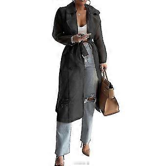 Womens Fashion See-Through Organza Long Sleeve Button Mesh Coat with Removable Belt - Elegant Clothes for Women