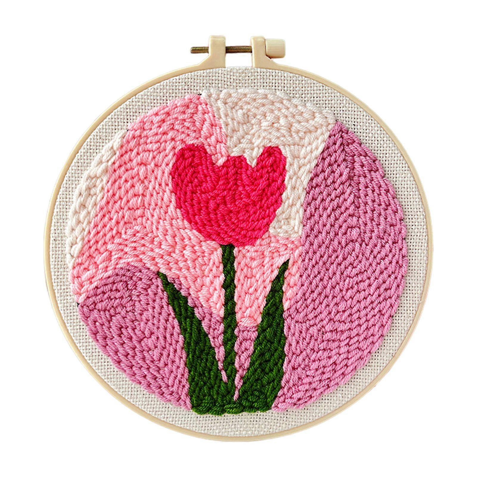 DIY Embroidery Material Package Punch Stitch Kit with Patterns Wooden Frame Yarns Hoop Instruction Punch Needle Kit for Beginners