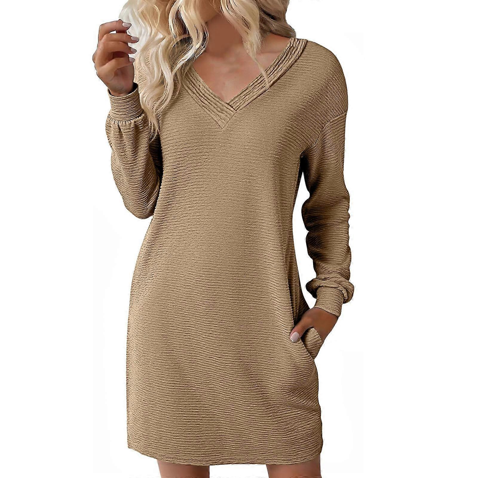 Women's Loose Long Sleeve T-Shirt Dress Casual Textured Dress with Pockets  Khaki M | Fruugo FI