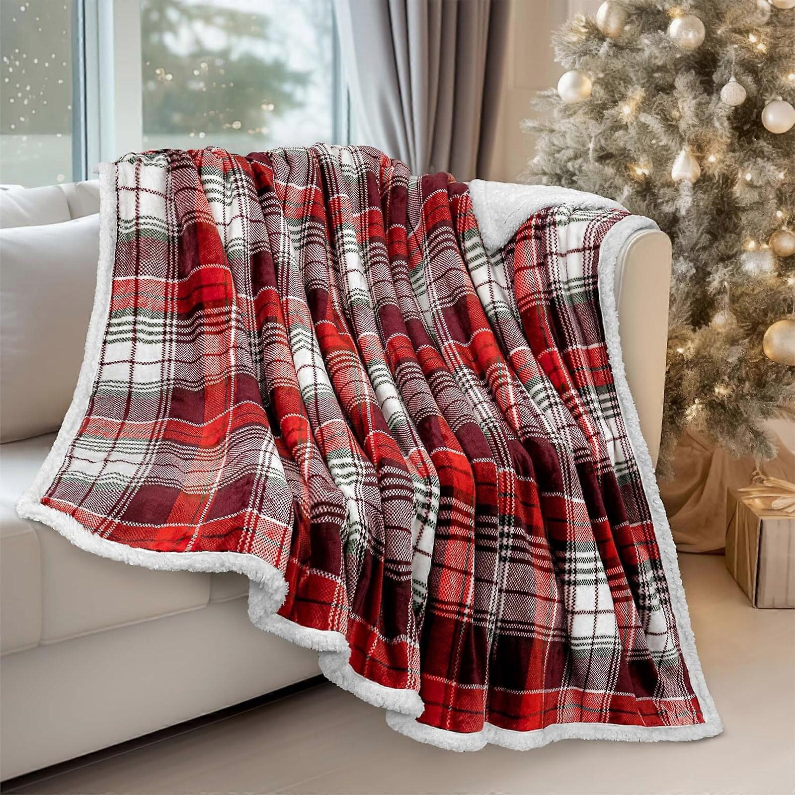 Christmas Flannel Blanket Soft Sherpa Fleece Throw for Bedroom Sofa | Plaid Warm Plush Microfiber Couch Blanket (27.55×39.37in)