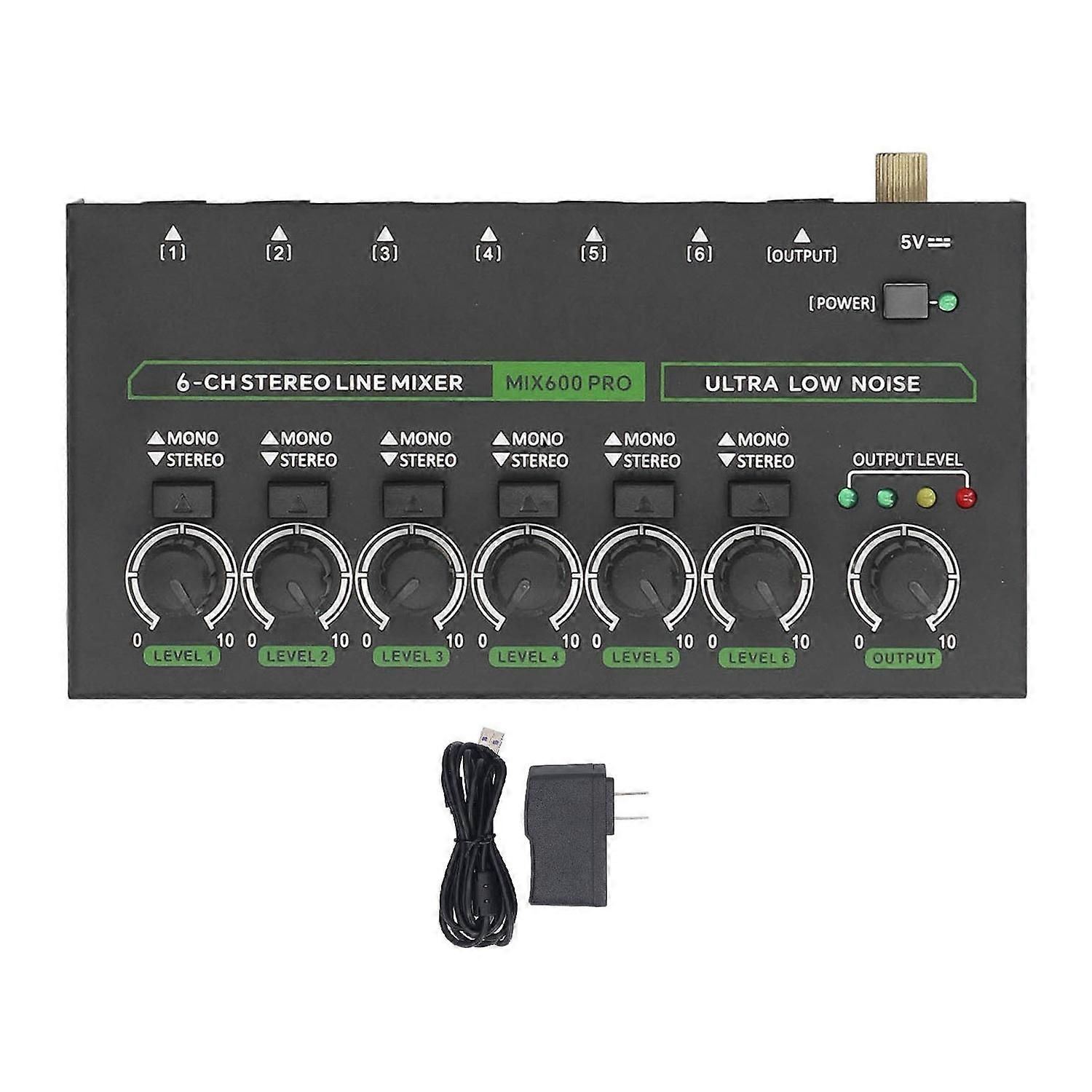 6 Channel Mixer with RGB Light 1/4 TRS TS Low Noise Stereo Mono Switching Line Audible Mixer for Sta