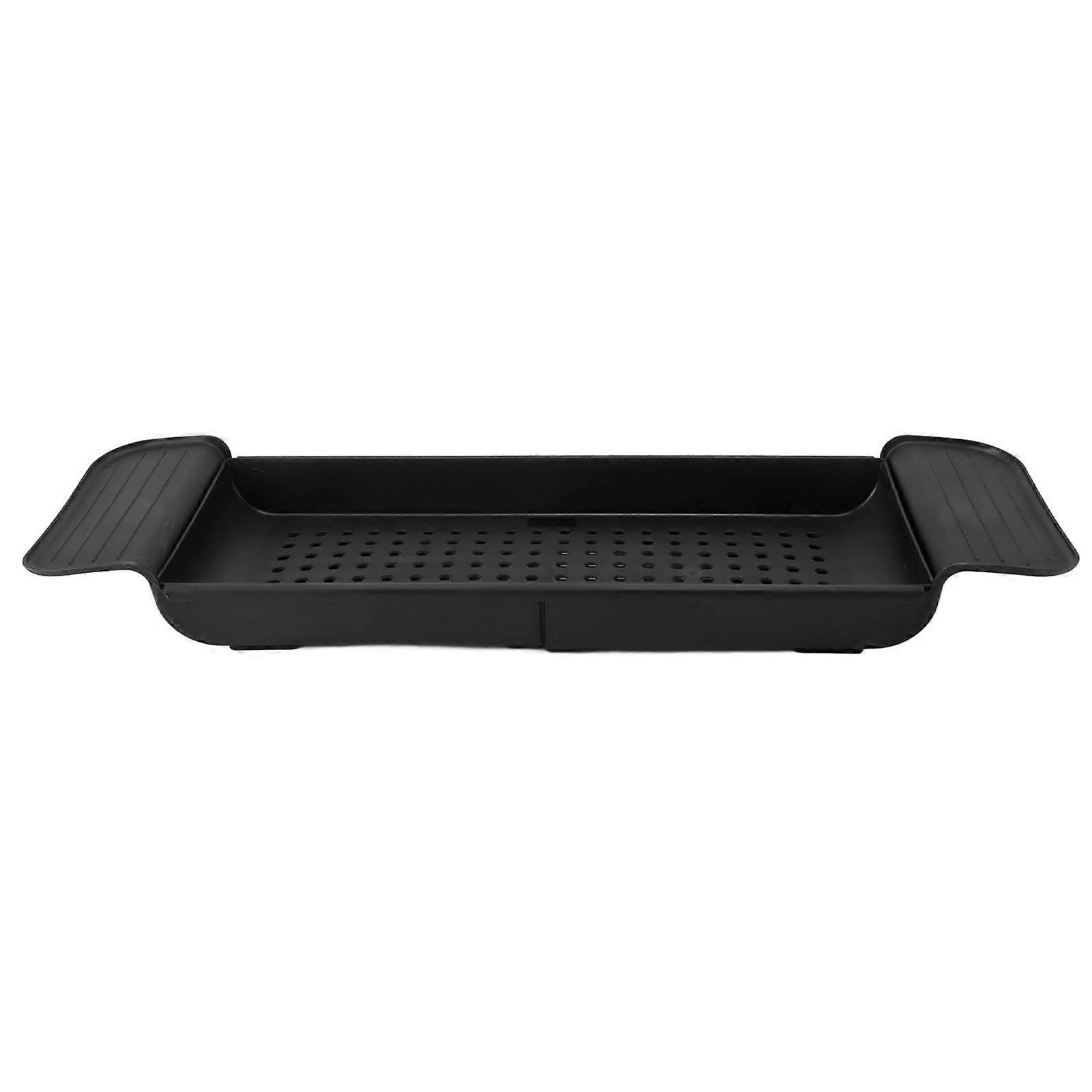 Expandable Bathtub Storage Rack with Adjustable Shelf and Drain Holes for Bathroom (Black)