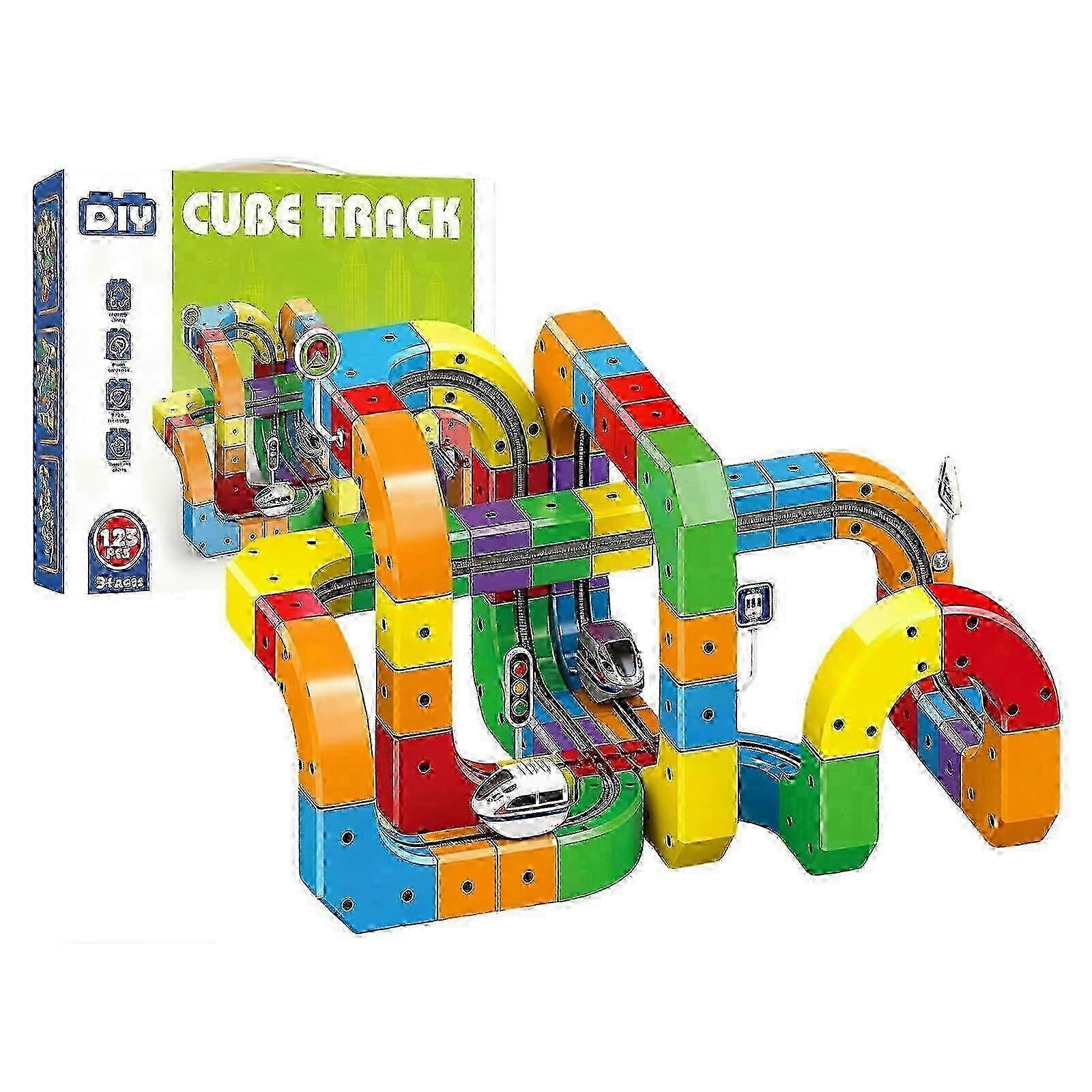 סט רכבת נגד כובד, סט רכבת חשמלי עם מסלול מכוניות מרוץ DIY, ערכת הרכבה לבניית STEM, מתנות יום הולדת לחג המולד לילדים