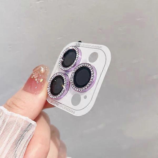 Protetor de lente de luxo com diamantes, compatível com iPhone 16, 15, 14, 13, 12 Pro Max Plus (2-3 unidades), com anel de glitter, na cor roxa (3 unidades)