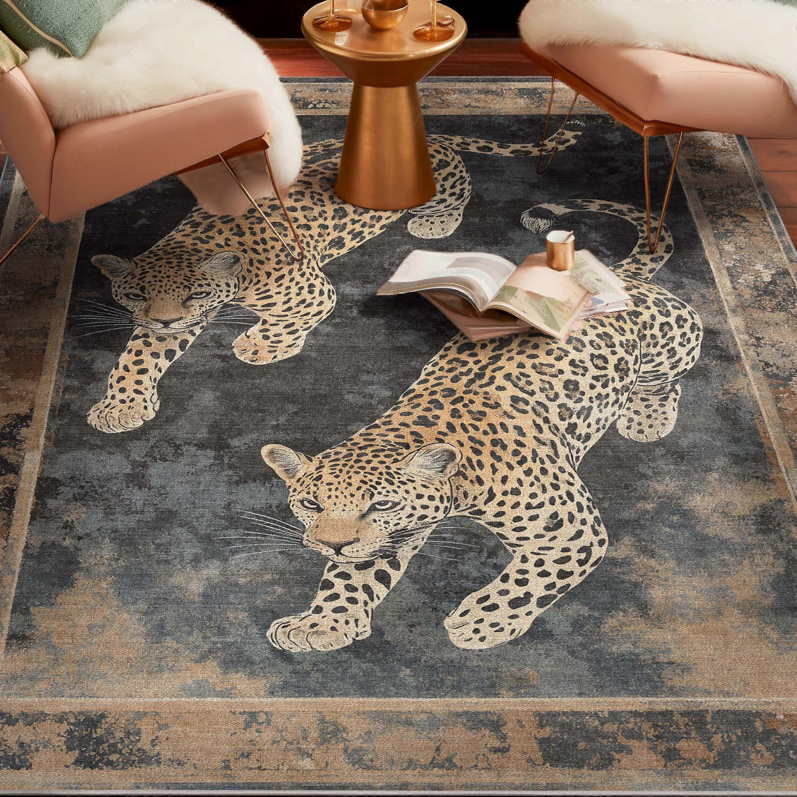 Leopard Area Rug 3x5 Charcoal Bold Leopard Print Chenille Soft Machine Washable Modern Boho Decor