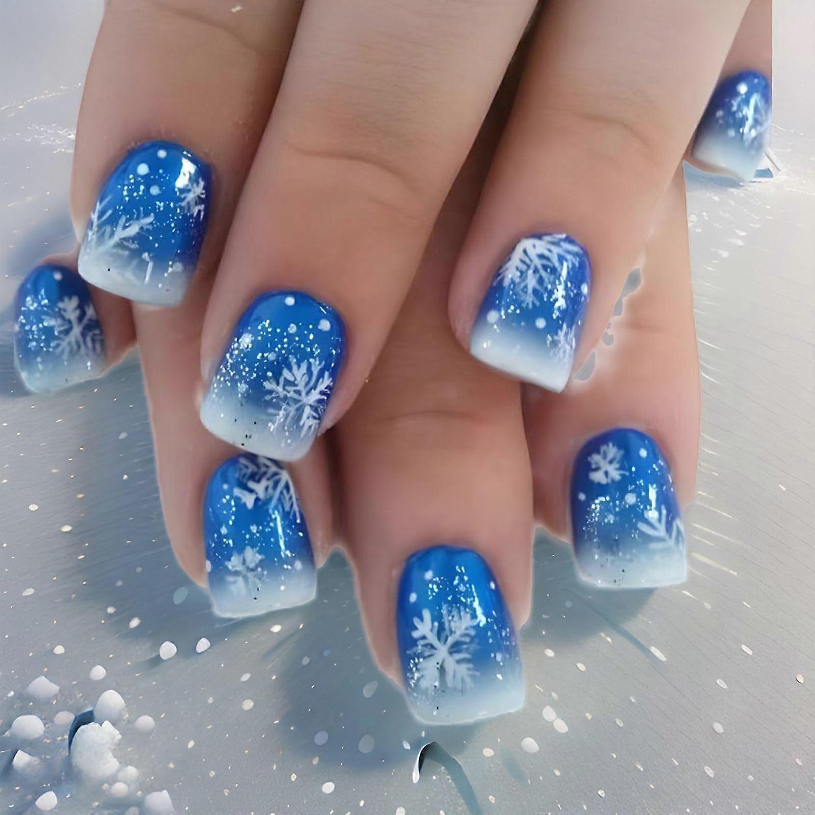 Christmas Press On Nails Blue Short Square Snowflake Glossy Bling Holiday False Nail Set