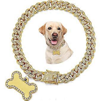 Dog Chain Golden Diamond Cuban Collar with Pet ID Jewelry Tags Rhinestones Stainless Steel Metal Cuban Link Chain Collar Walking Chain Necklace for Pu
