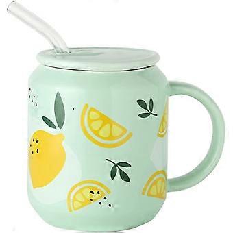 Porcelain Mug with Lid and Straw, 13 Oz Water Cup with Handle, Cute Lemon Pattern