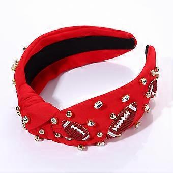 Tiara feminina com nó e aplicações de strass e motivos de futebol americano, acessório perfeito para o dia do jogo.