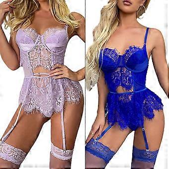 Kanten lingerieset voor dames, sexy lingerie met beugel, push-up babydoll, bodysuit en slipje, lingerie met jarretelgordels, donkergroen M