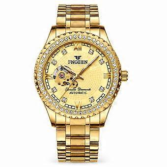 Men's Automatic Mechanical Watch FNGEEN All Gold Gold Dial Waterproof Diamond Skeleton Fashion Watch JY