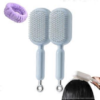 Self Cleaning Retractable Hair Brush with Cushion Massage and Anti Static Design for Women and Men Blue 2 Pack