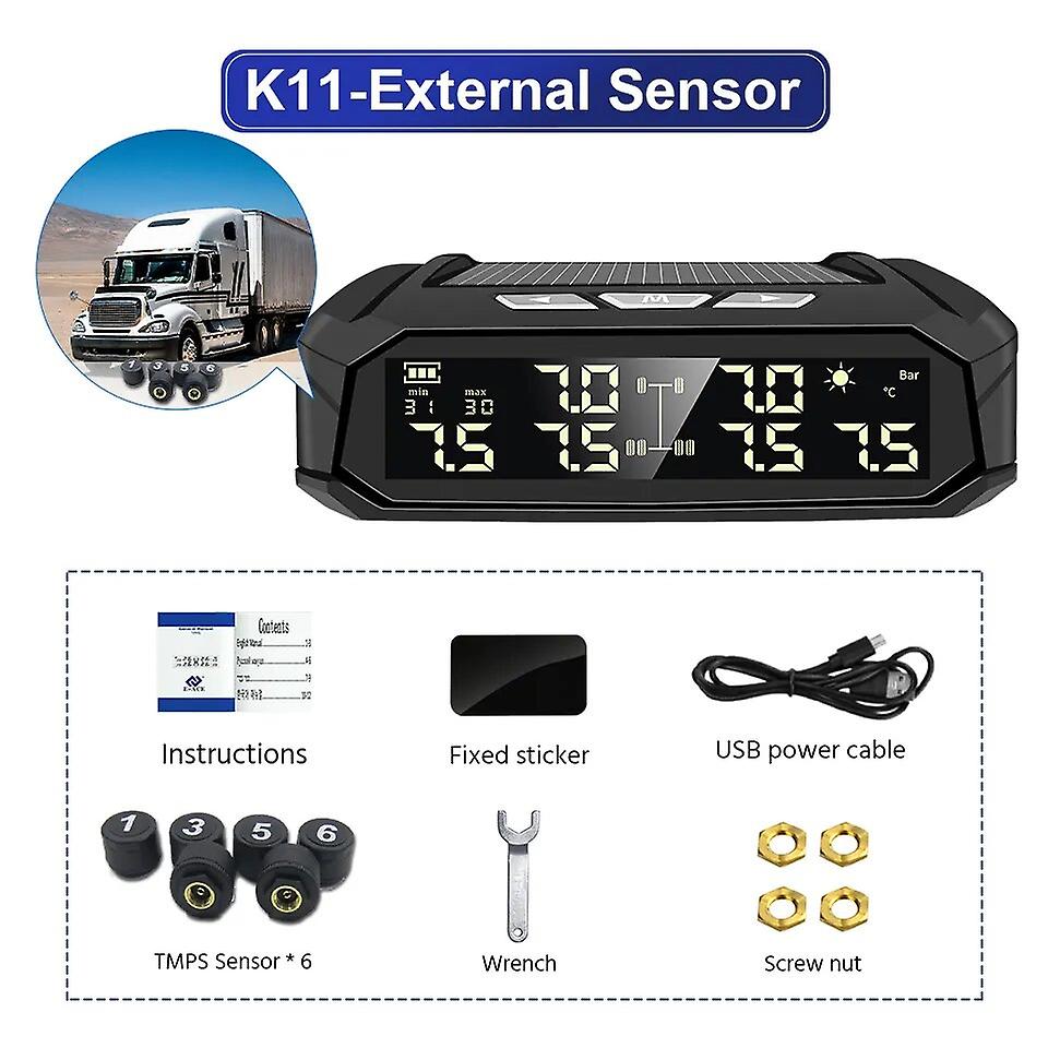 Yanace Car Tpms Tire Pressure Monitoring System Tmps Sensors Auto Display Solar Usb Charging Temperature Alert  8bar For Truck