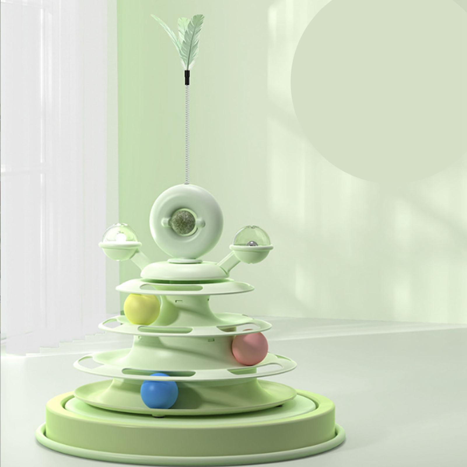 Cat Ball Tower Toy with Feather Catnip 4 Layer Rail Pet Turntable Game for Exercise Green
