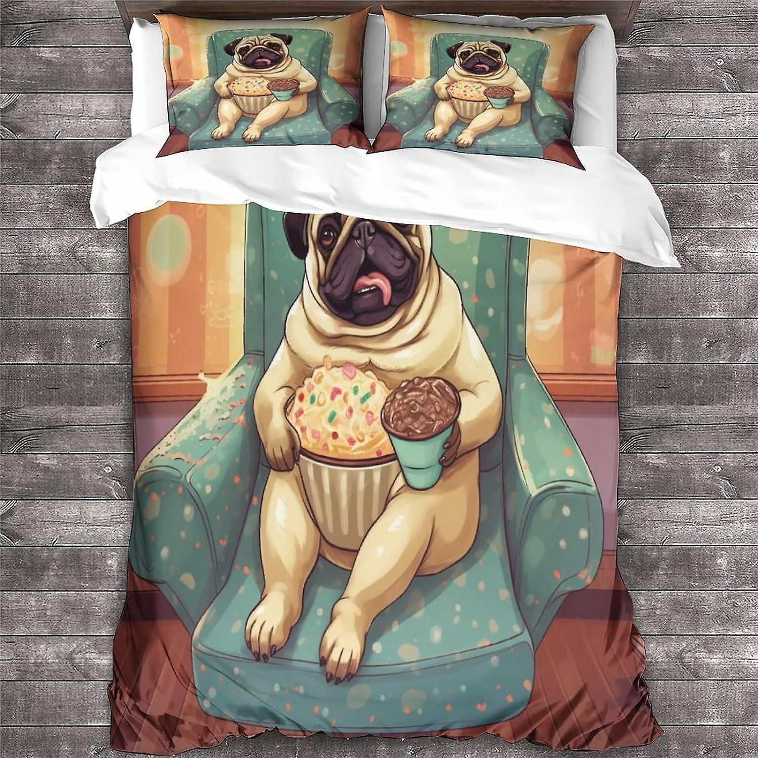 LikeEj PUG 3D Påslakan för hundar Set Djurmönster Tryckt Sängkläder Påslakan med dragkedja 3 stycken mjukt täcke