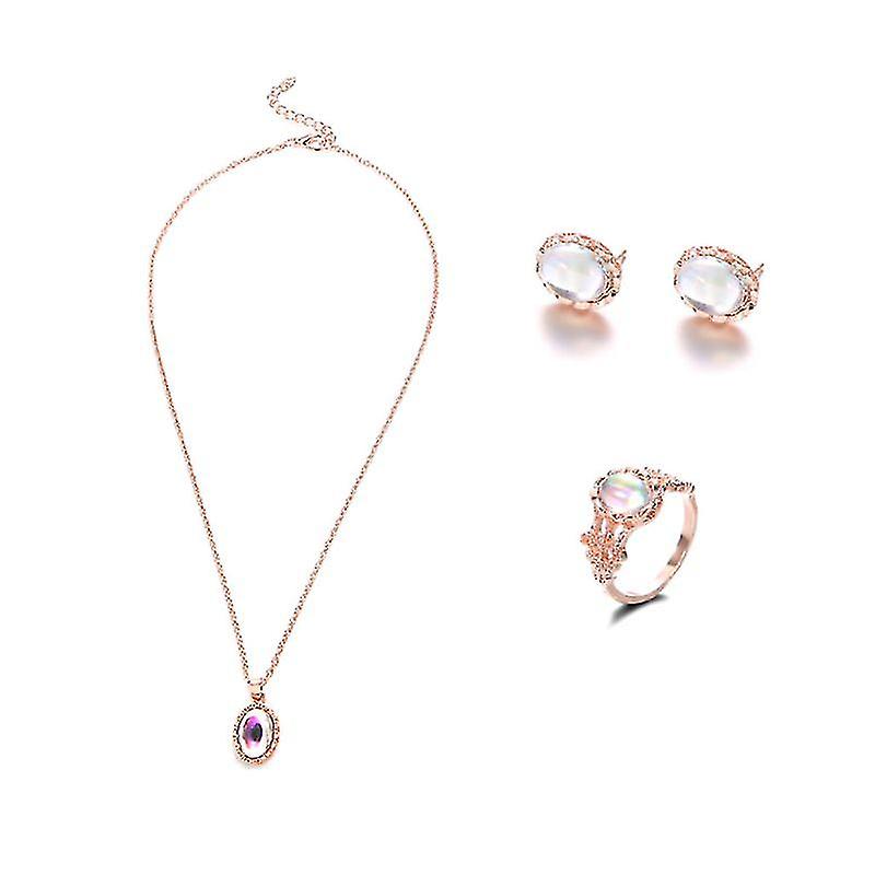 3pcs Transparent Gemstone Necklace + Ring + Stud Earrings Set For Anniversary