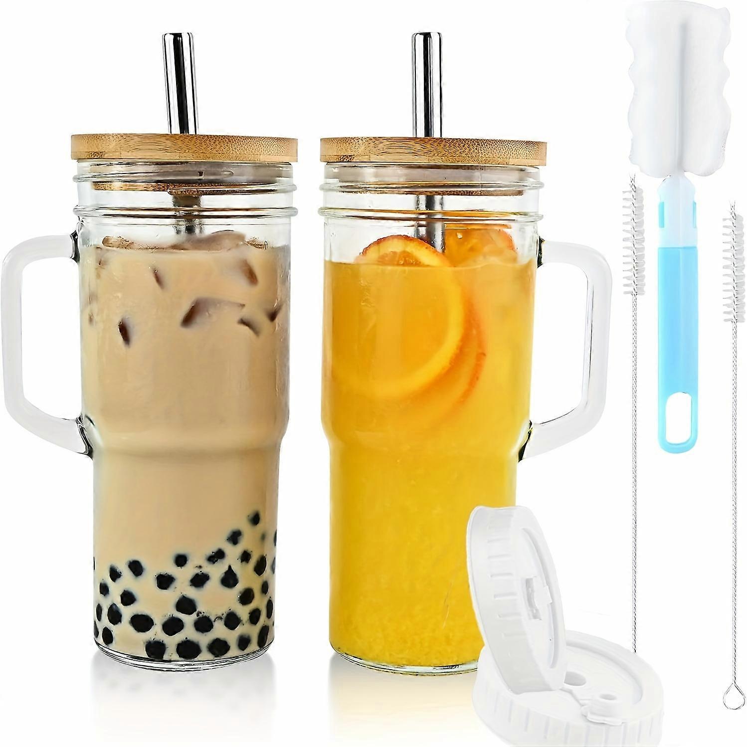 2/4pcs, Large 24oz Glass Tumbler Set - Non-Slip, Reusable, BPA-Free, Recyclable, Wide Mouth, Oval-Shaped, Multipurpose Drinking Glasses with Bamboo Li