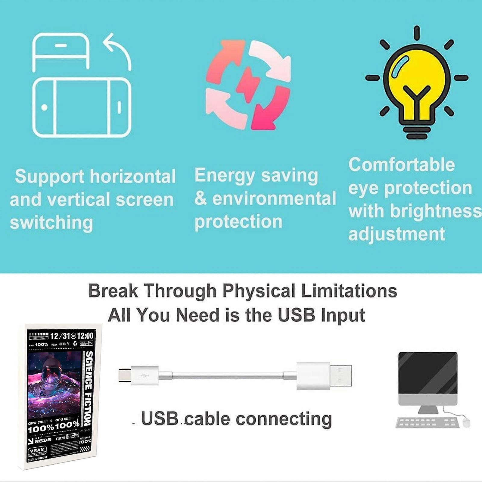 5in Computer Temp Monitor 360 graders rotation DIY Tema USB Mini Screen til AIDA64 PC CPU GPU RAM Data Monitor Type C Sub Screen