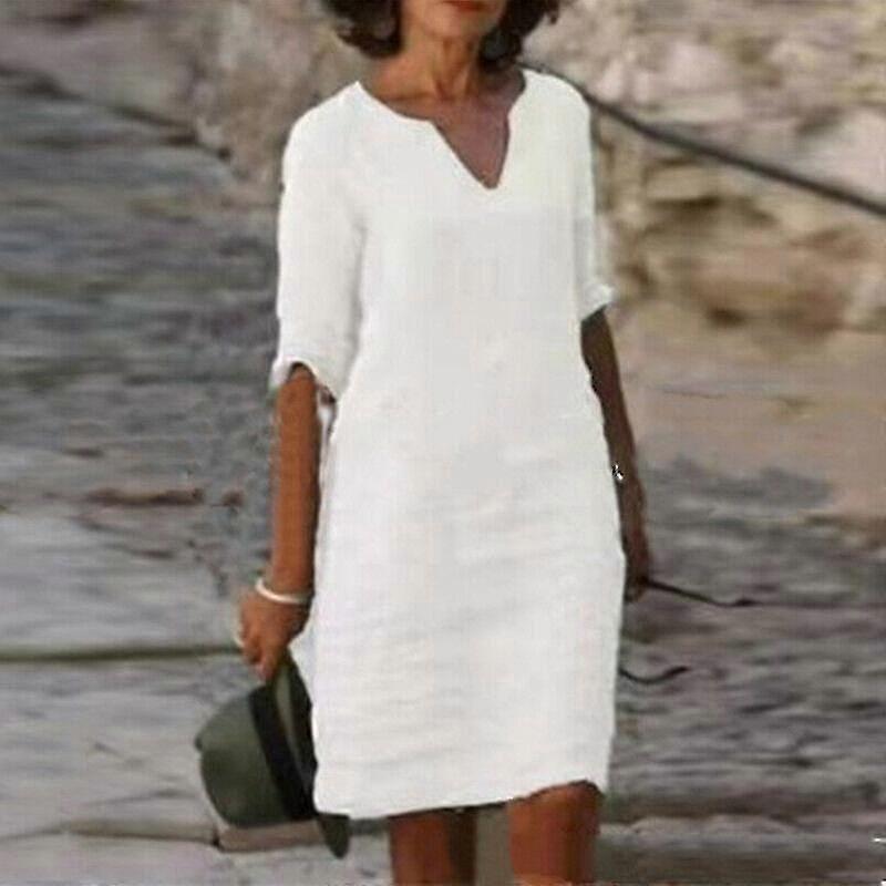 Manches courtes pour femmes Coton Lin Midi Robe Dames Solid V Neck Baggy Sundress-9