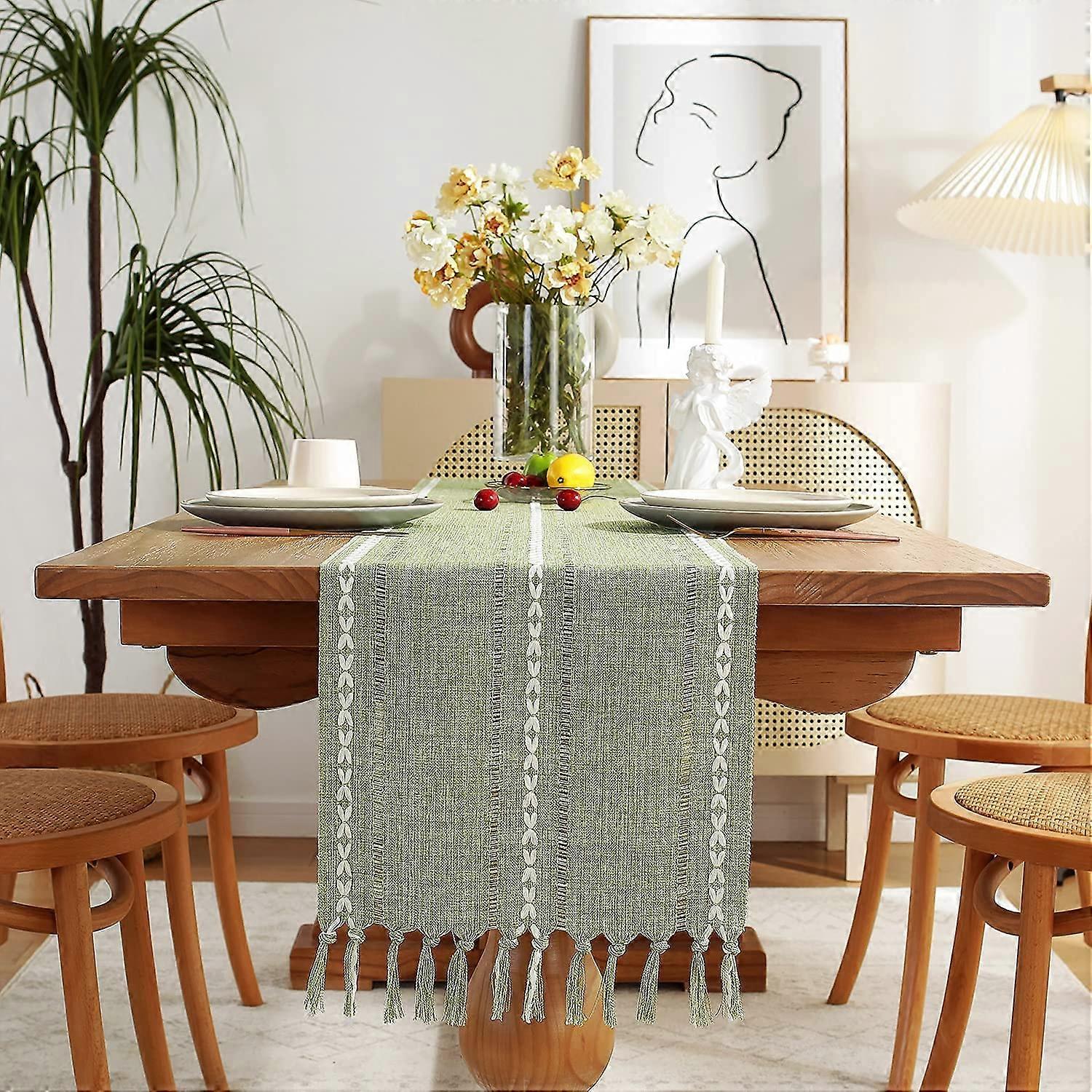 Sunrain Rustic Farmhouse Style Linen Table Runner, Boho Embroidered Table Runners 90 inches Long with Tassels compatible with Holiday Party and Dining