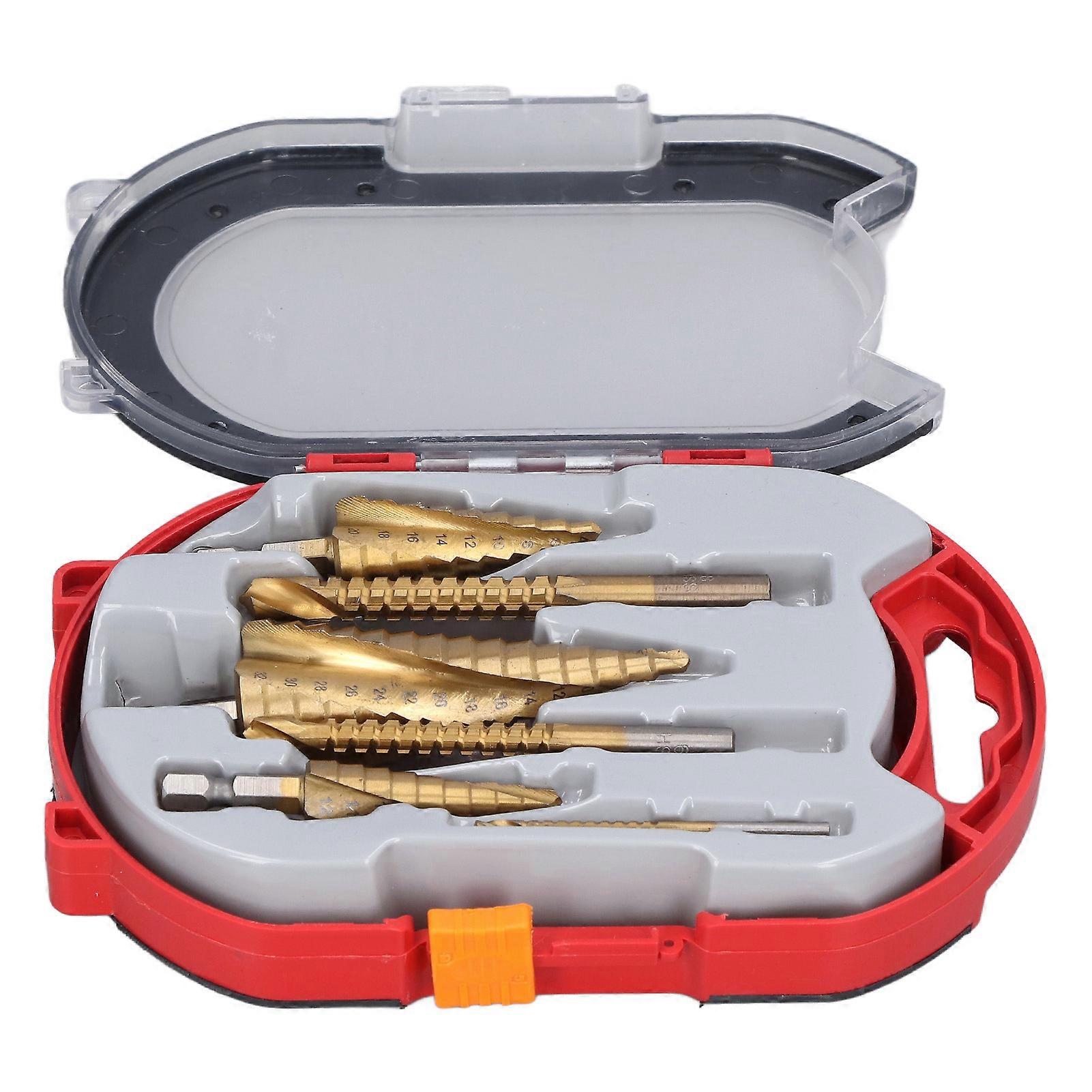 6Pcs/Set Spiral Grooved Step Drill Bit Hex Shank Stepped Drills HSS Titanium Saw Bits for Wood