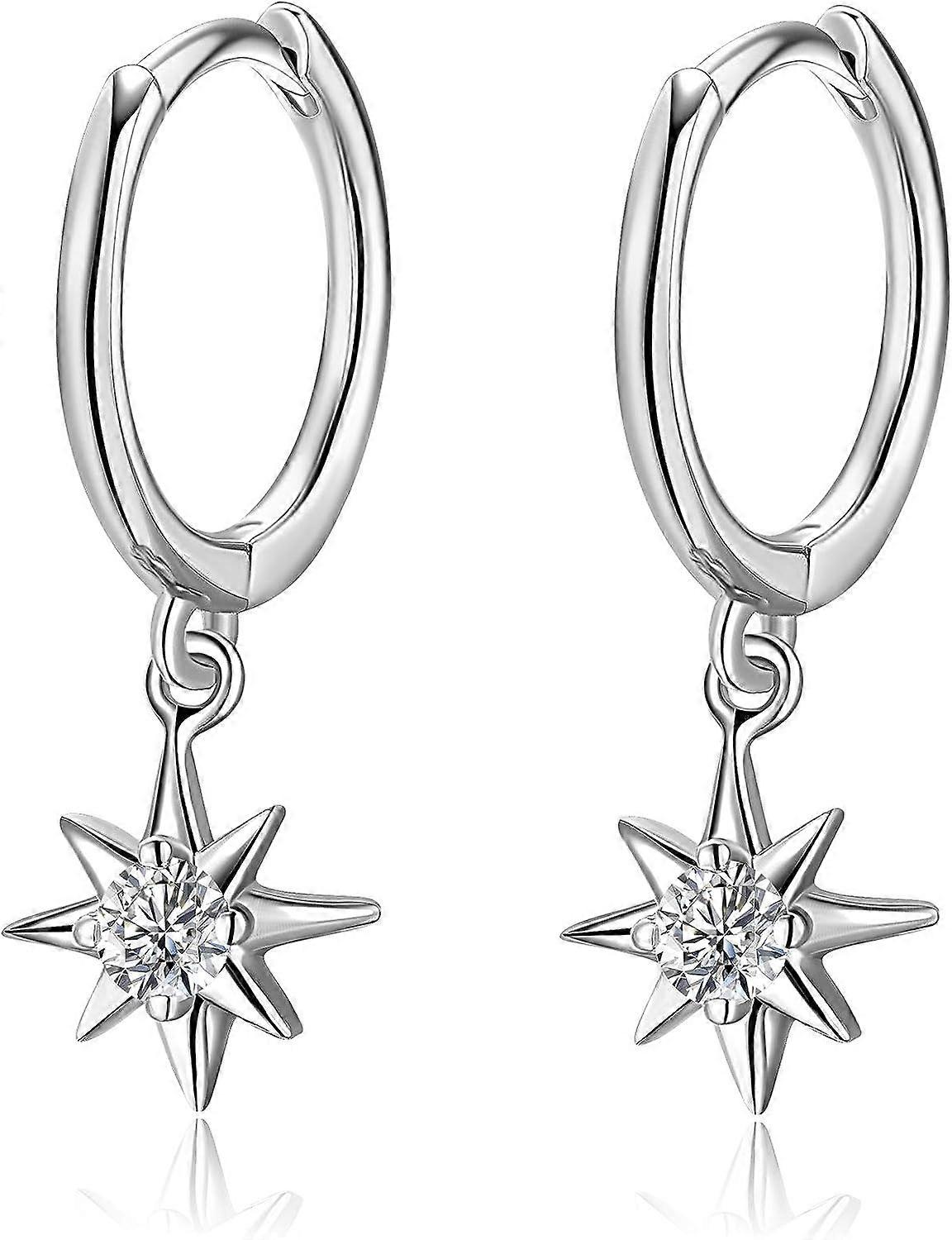 Tiny Cubic Zirconia Starburst/Dangle Hoop Earrings Sterling Silver