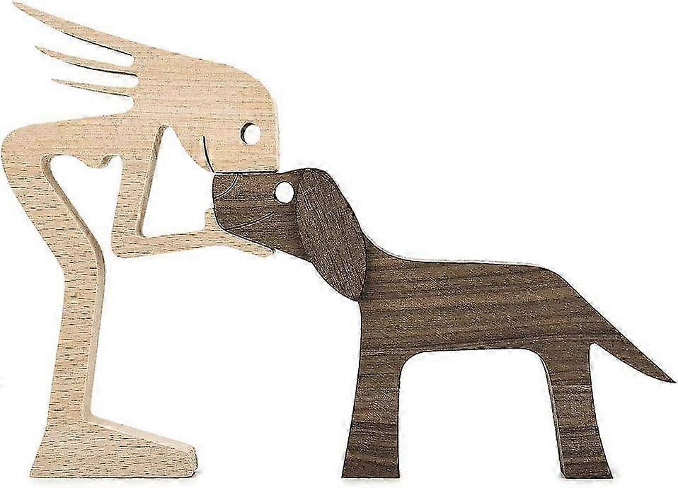 (Y)New Wooden Sculptures Handmade Accents Craft Figurine for Home Decor Accents, Woman and Dog Wooden Statue,