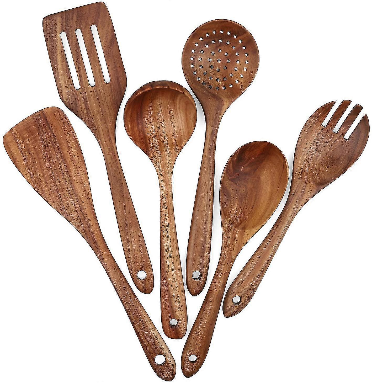 Wooden Kitchen Utensils Sets, 6 Pcs Non Scratch Heat Resistant Sets