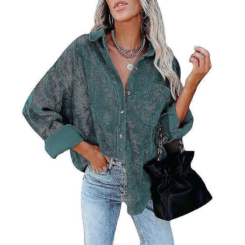 المرأة طويلة الأكمام سروال قصير قميص زر فضفاض عارضة جاكيت كبير الحجم مع جيب