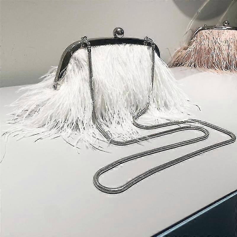 Ladies Handbag Feather Clutch Bag Luxury 2 Type Snake Chain & Pearl Short Chain-1-white