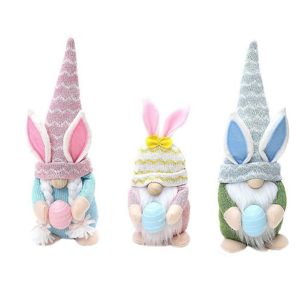 3Pcs Easter Bunny Gnome Holding Egg Beard Braid Wearing Hat Rabbit Doll