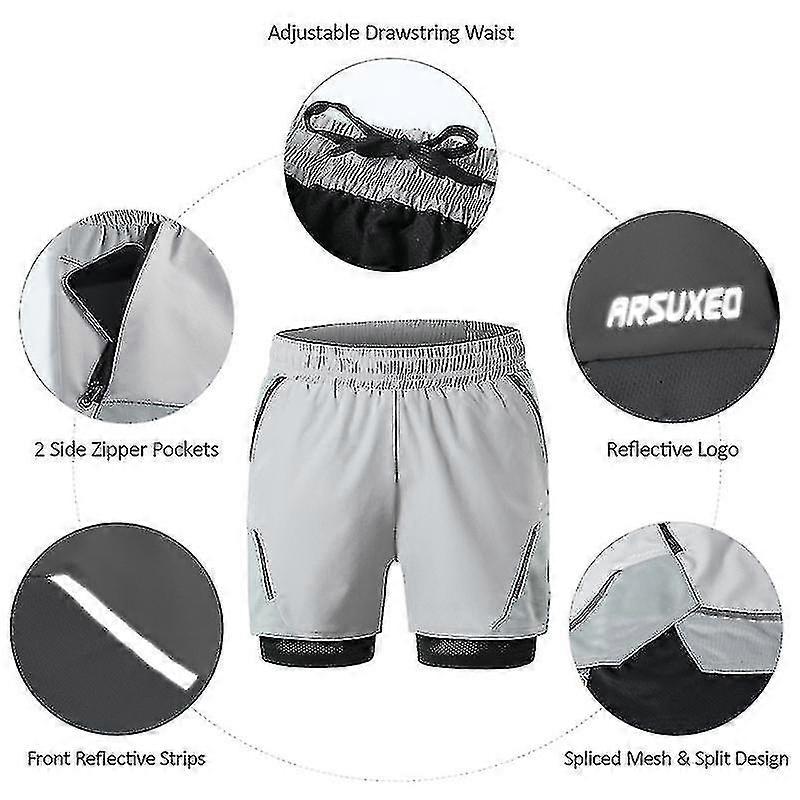 2-in-1 Men Running Shorts With Zipper Pockets Quick Dry Exercise Shorts For Training Gym Workout