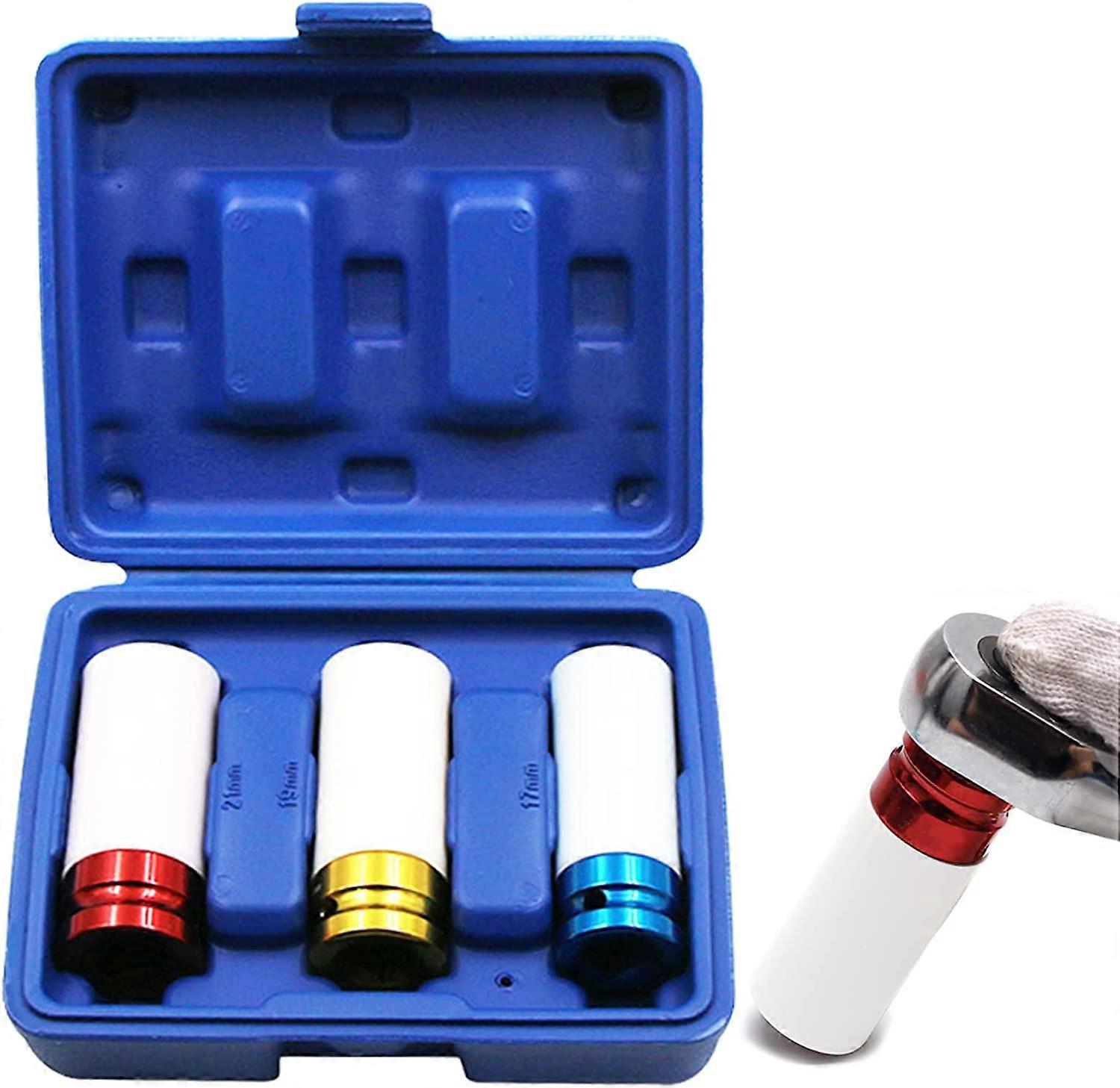 Clamping Socket Set, Alloy Wheel Impact Sockets Screwdriver Bit, Tire Sleeve Color 17mm 19mm 21mm