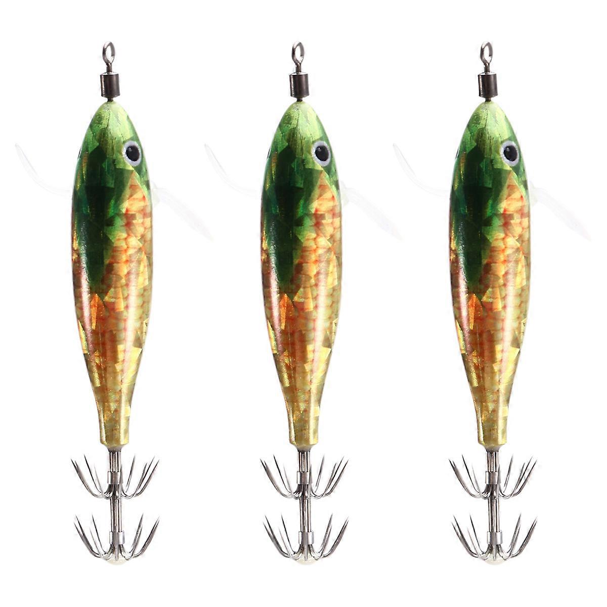3PCS Horizontal Wooden Fish 5.5g Fluorescence Floating Egi Lure Squid Jigging Shrimp Hook Octopus F
