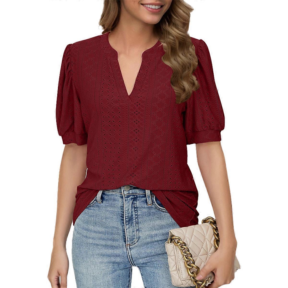 Summer Puff Short Sleeve Shirts Wine Red L