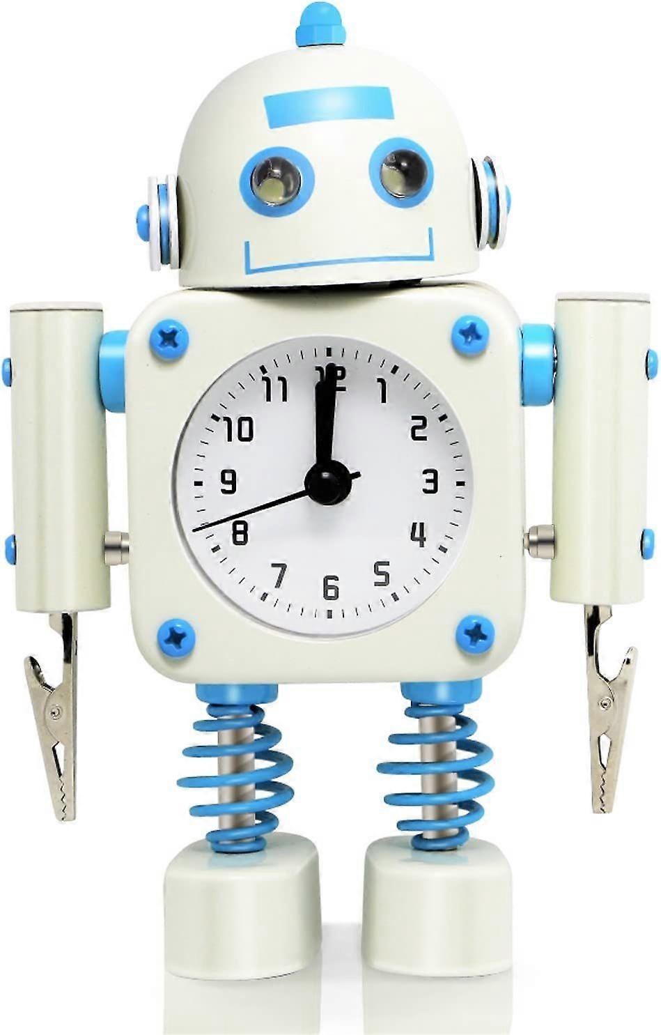 SQCLV Non-Ticking Robot Alarm Clock Stainless Metal - Wake-up Clock with Flashing Eye Lights and Hand Clip (White)