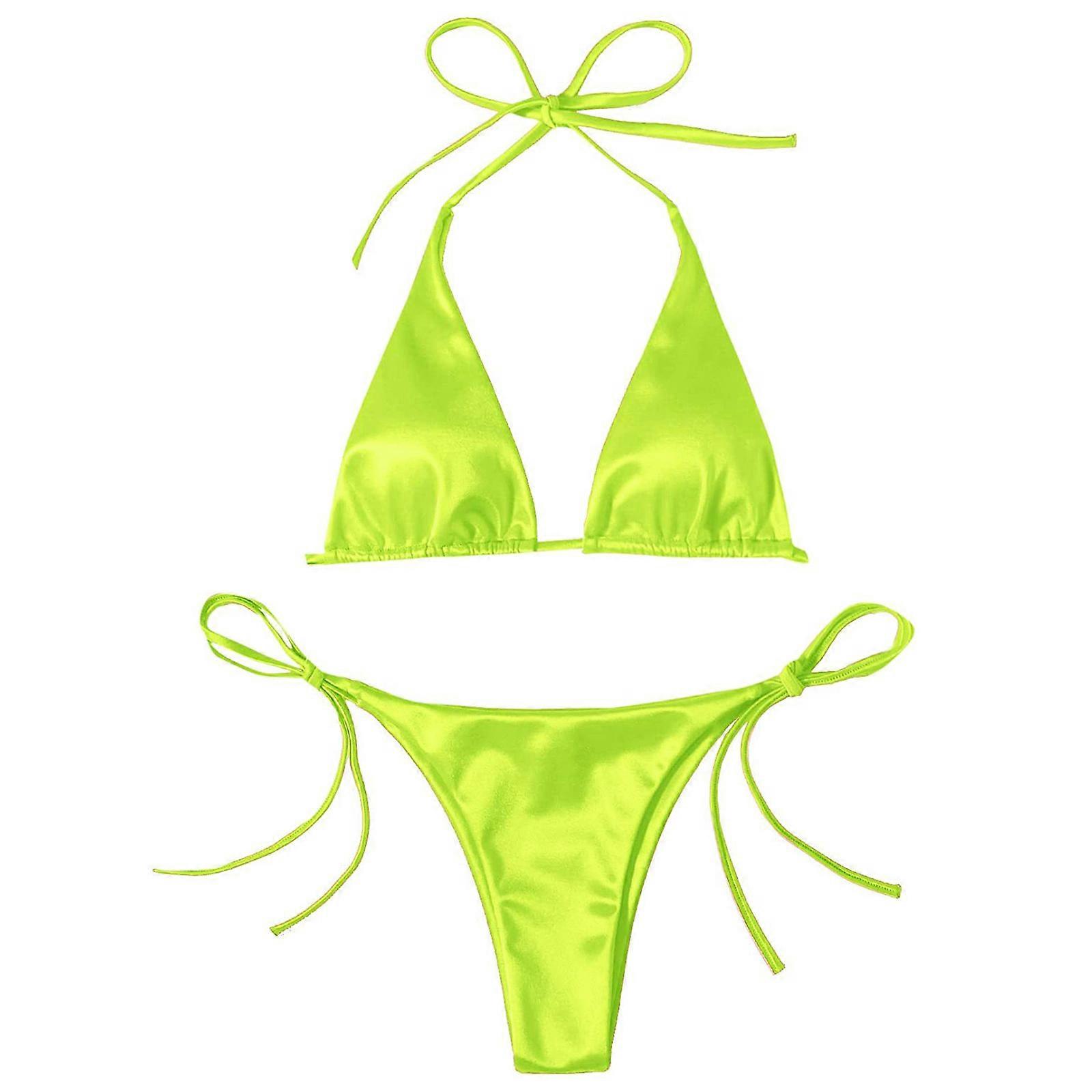 Maillots de bain 2 pièces pour femmes Dames dos nu bikini ensemble cravate côté string maillot de bain pour vacances tropicales Beach-Party n ° 8 fluorescent ye S