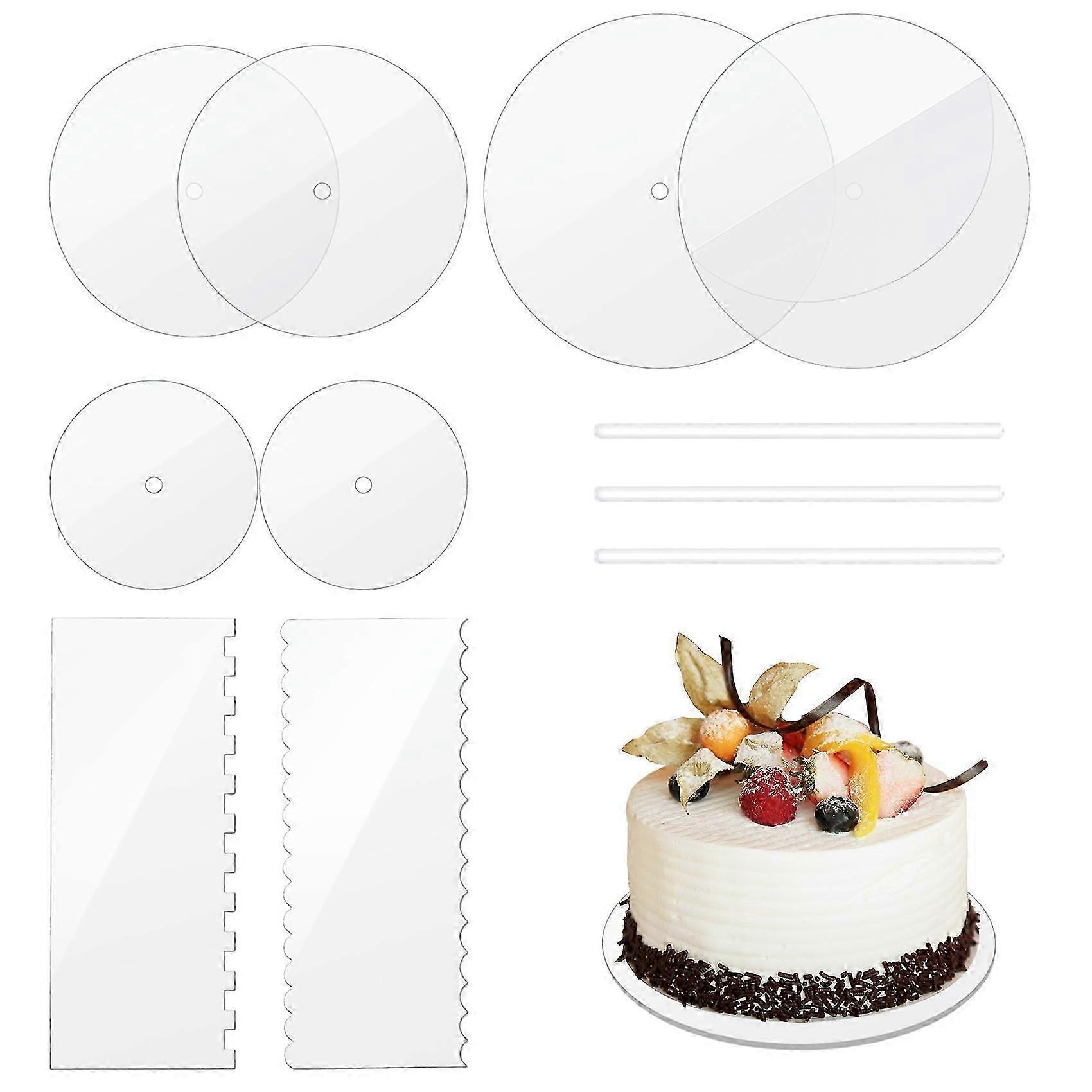 Acrylic Round Cake Disk Set - Cake Discs Circle Base Boards with Center Hole - 2 Comb Scrapers (4 Patterns) & Dowel Rod bs