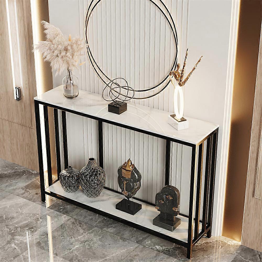 Table console d’entrée en marbre blanc à 2 niveaux 120 cm de long Foyer Canapé Table d’appoint Salon